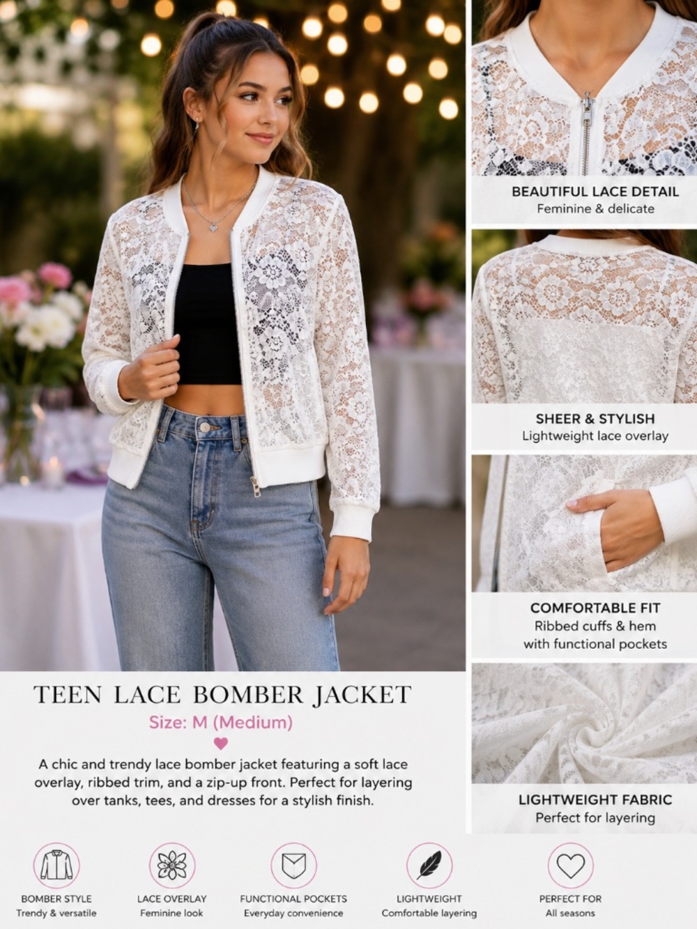 White Lace Bomber Jacket | Size M | Sheer Floral Lace Zip Front